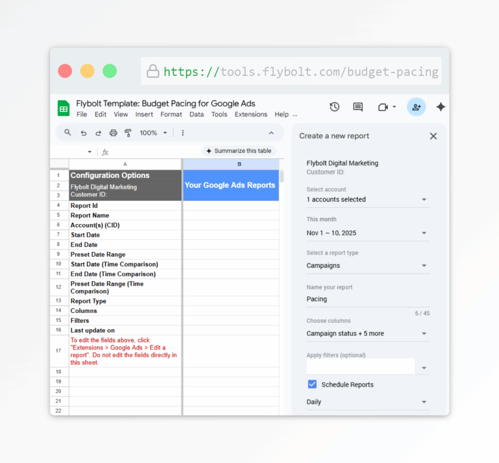 Budget Pacing Template: Configure